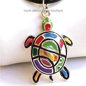 Sea Turtle Necklace Silver Plated Pop Art Multicolor Enamel Nautical Island 18"